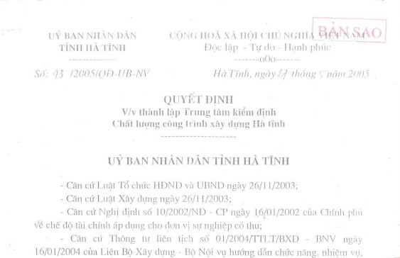 QUYẾT ĐỊNH về việc thành lập Trung tâm Kiểm định chất lượng công trình xây dựng Hà Tĩnh.