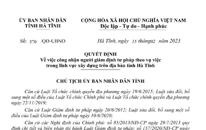 QUYẾT ĐỊNH Về việc công nhận người giám định tư pháp theo vụ việc trong lĩnh vực xây dựng trên địa bàn tỉnh Hà Tĩnh