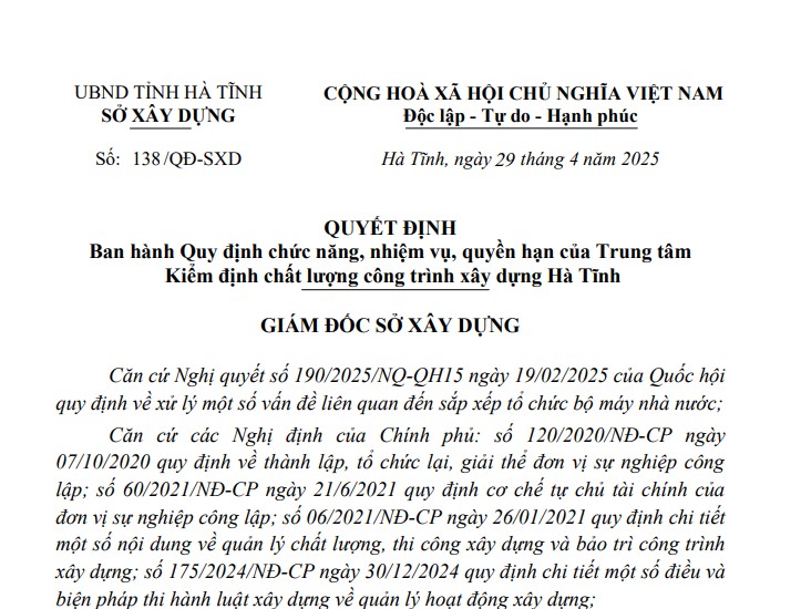 Ban hành Quy định chức năng, nhiệm vụ, quyền hạn của Trung tâm Kiểm định chất lượng công trình xây dựng Hà Tĩnh