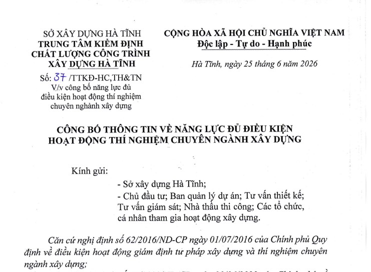 CÔNG BỘ THÔNG TIN VỀ NĂNG LỰC ĐỦ ĐIỀU KIỆN HOẠT ĐỘNG THÍ NGHIỆM CHUYÊN NGÀNH XÂY DỰNG