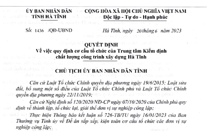 QUYẾT ĐỊNH về việc Quy định cơ cấu tổ chức của Trung tâm Kiểm định chất lượng công trình xây dựng Hà Tĩnh.